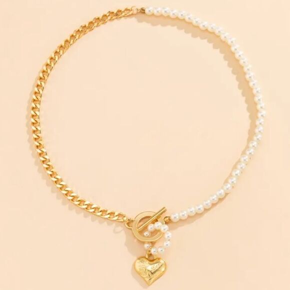 Pearl Necklace with Toggle Clasp Heart Link Chain Choker Pearl Jewelry - Picture 7 of 11
